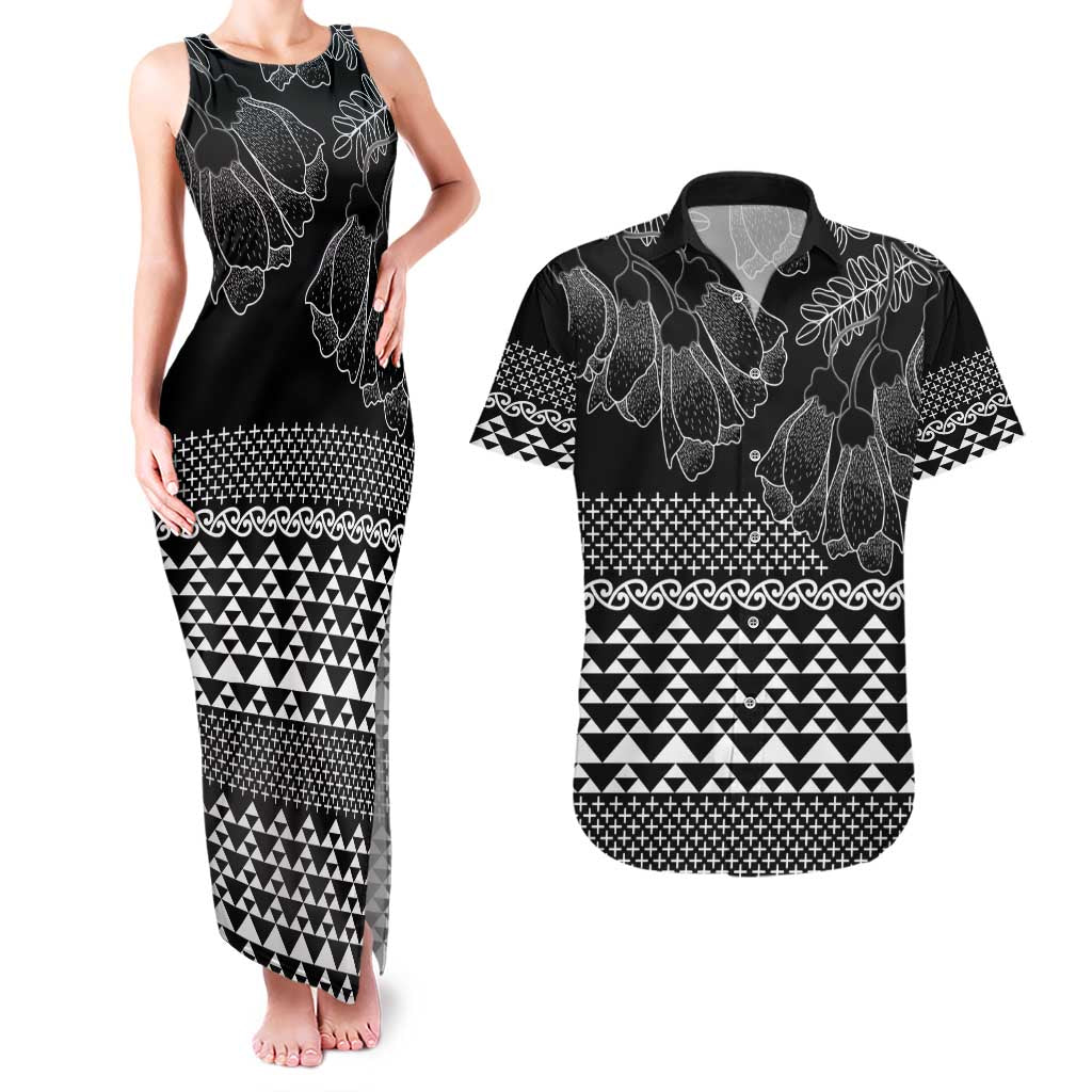 Black Taniko Kowhaiwhai Tukutuku Motif Couples Matching Tank Maxi Dress and Hawaiian Shirt