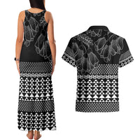 Black Taniko Kowhaiwhai Tukutuku Motif Couples Matching Tank Maxi Dress and Hawaiian Shirt