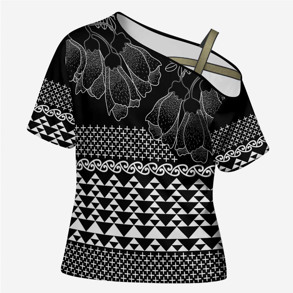 Black Taniko Kowhaiwhai Tukutuku Motif Cross Shoulder Shirt - Polynesian Pride