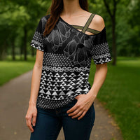Black Taniko Kowhaiwhai Tukutuku Motif Cross Shoulder Shirt - Polynesian Pride