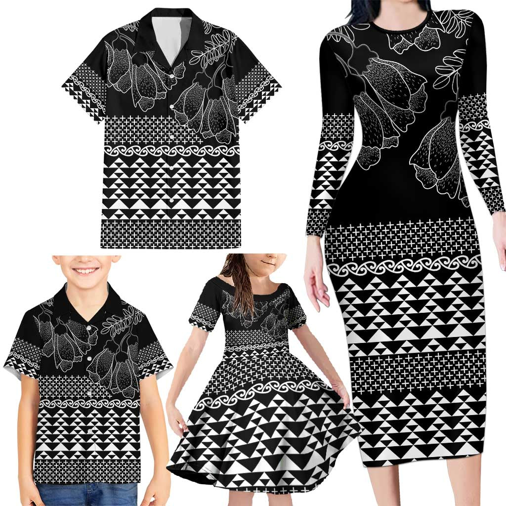 Black Taniko Kowhaiwhai Tukutuku Motif Family Matching Long Sleeve Bodycon Dress and Hawaiian Shirt LT9 - Polynesian Pride