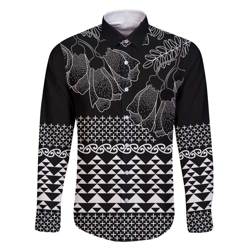 Black Taniko Kowhaiwhai Tukutuku Motif Family Matching Long Sleeve Bodycon Dress and Hawaiian Shirt LT9 Dad's Shirt - Long Sleeve Black - Polynesian Pride
