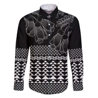 Black Taniko Kowhaiwhai Tukutuku Motif Family Matching Off The Shoulder Long Sleeve Dress and Hawaiian Shirt LT9 Dad's Shirt - Long Sleeve Black - Polynesian Pride