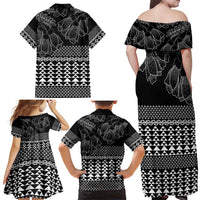 Black Taniko Kowhaiwhai Tukutuku Motif Family Matching Off Shoulder Maxi Dress and Hawaiian Shirt