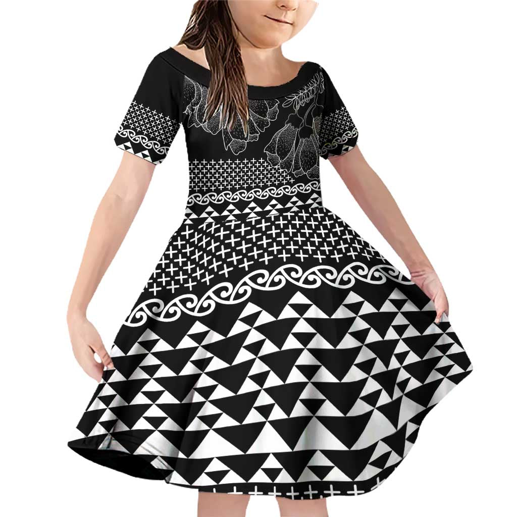 Black Taniko Kowhaiwhai Tukutuku Motif Family Matching Off Shoulder Short Dress and Hawaiian Shirt LT9 Daughter's Dress Black - Polynesian Pride