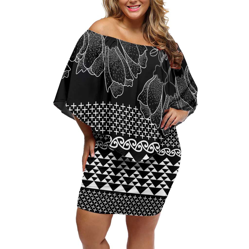 Black Taniko Kowhaiwhai Tukutuku Motif Family Matching Off Shoulder Short Dress and Hawaiian Shirt LT9 Mom's Dress Black - Polynesian Pride