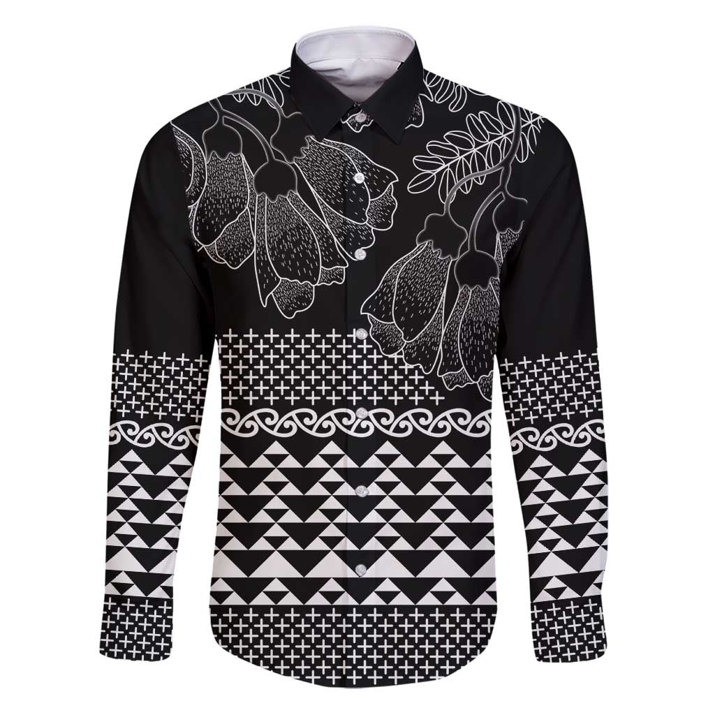 Black Taniko Kowhaiwhai Tukutuku Motif Family Matching Puletasi and Hawaiian Shirt LT9 Dad's Shirt - Long Sleeve Black - Polynesian Pride
