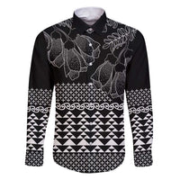 Black Taniko Kowhaiwhai Tukutuku Motif Family Matching Puletasi and Hawaiian Shirt LT9 Dad's Shirt - Long Sleeve Black - Polynesian Pride