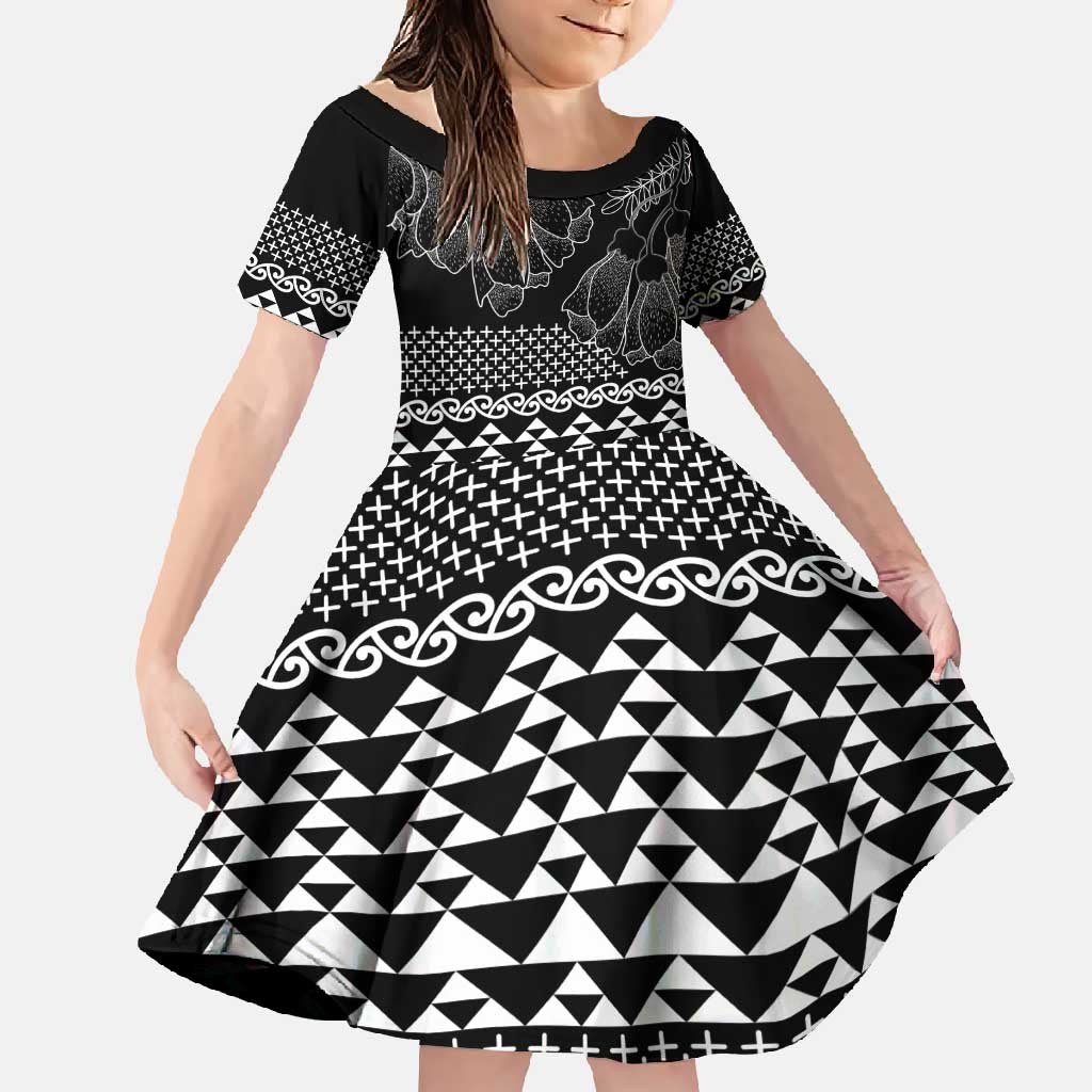 Black Taniko Kowhaiwhai Tukutuku Motif Family Matching Short Sleeve Bodycon Dress and Hawaiian Shirt LT9 Daughter's Dress Black - Polynesian Pride