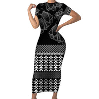 Black Taniko Kowhaiwhai Tukutuku Motif Family Matching Short Sleeve Bodycon Dress and Hawaiian Shirt LT9 Mom's Dress Black - Polynesian Pride