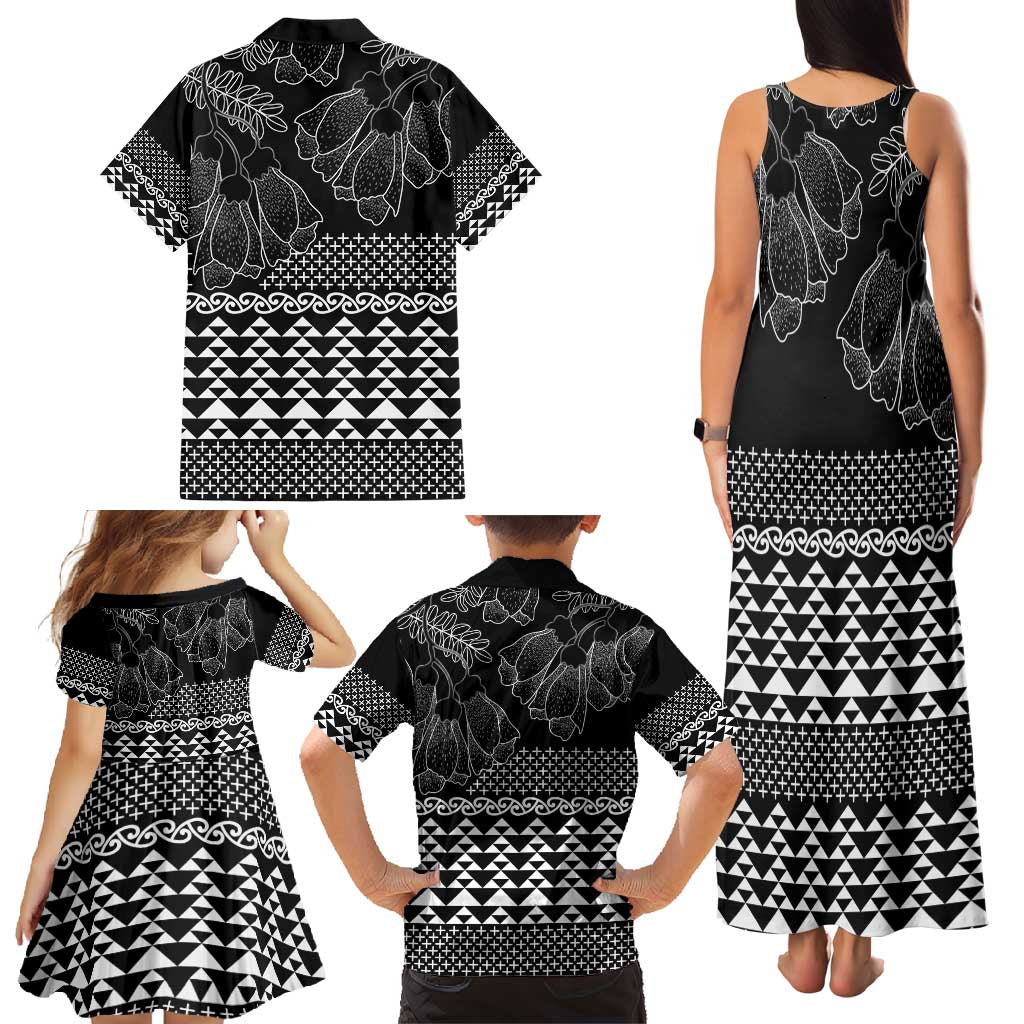 Black Taniko Kowhaiwhai Tukutuku Motif Family Matching Tank Maxi Dress and Hawaiian Shirt