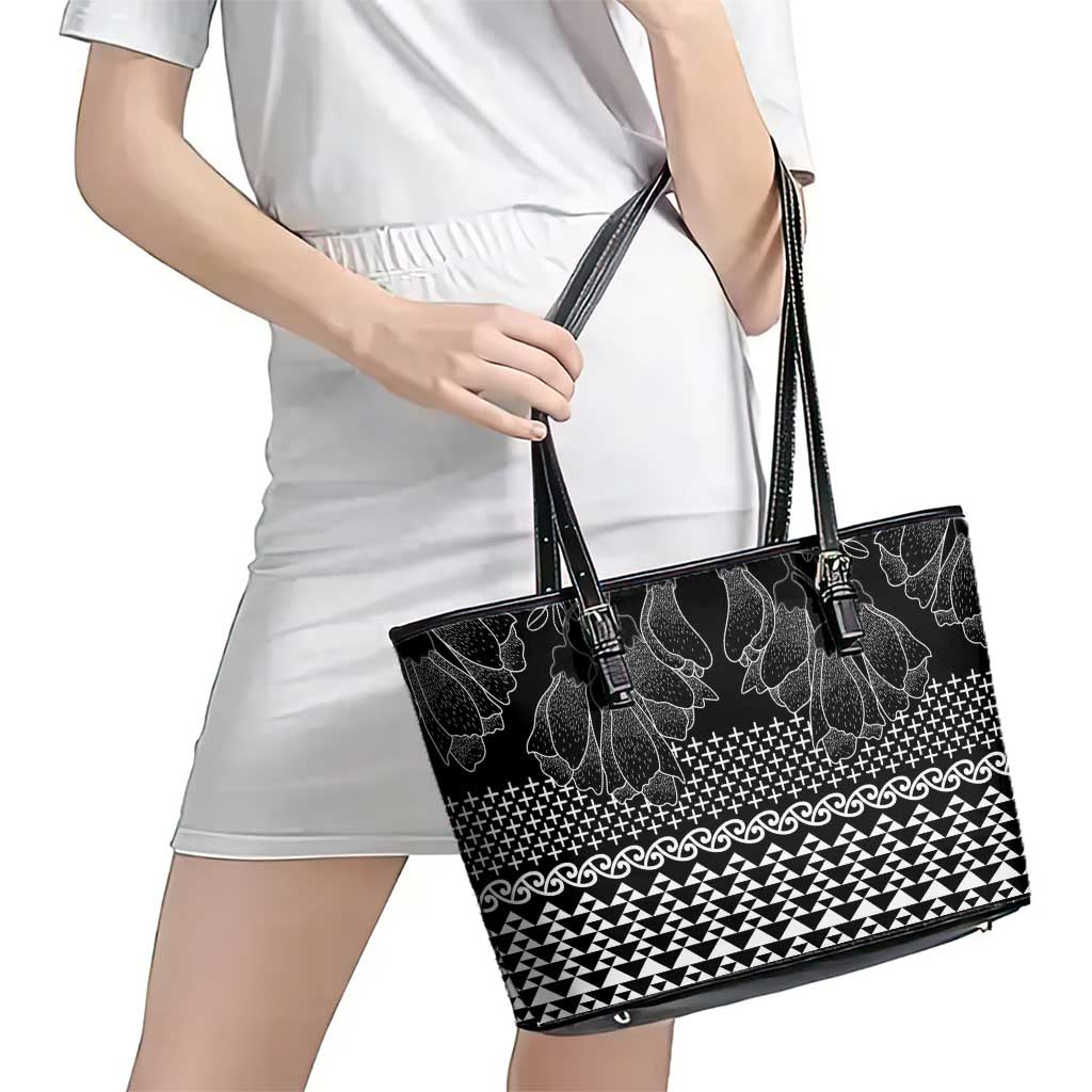 Black Taniko Kowhaiwhai Tukutuku Motif Leather Tote Bag