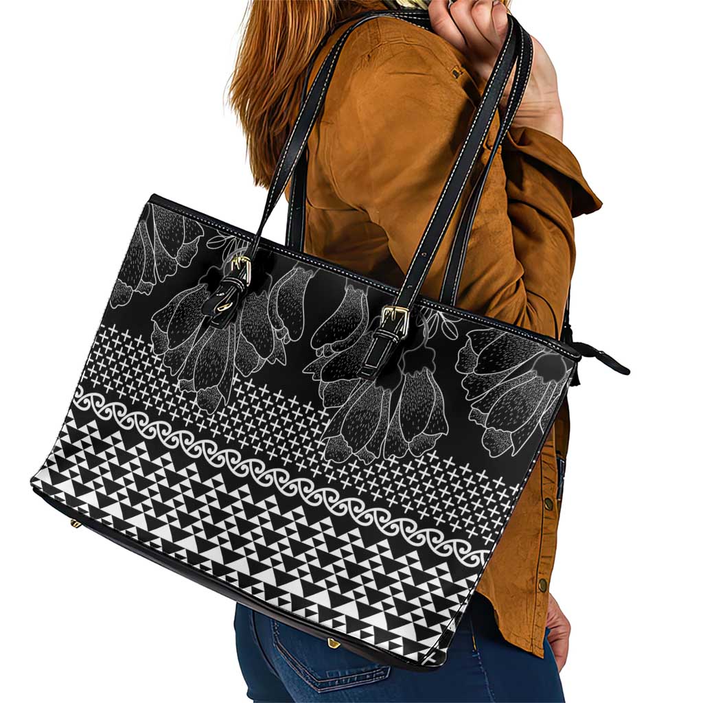 Black Taniko Kowhaiwhai Tukutuku Motif Leather Tote Bag