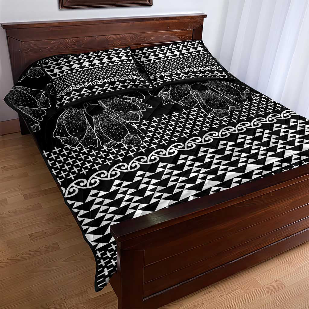 Black Taniko Kowhaiwhai Tukutuku Motif Quilt Bed Set