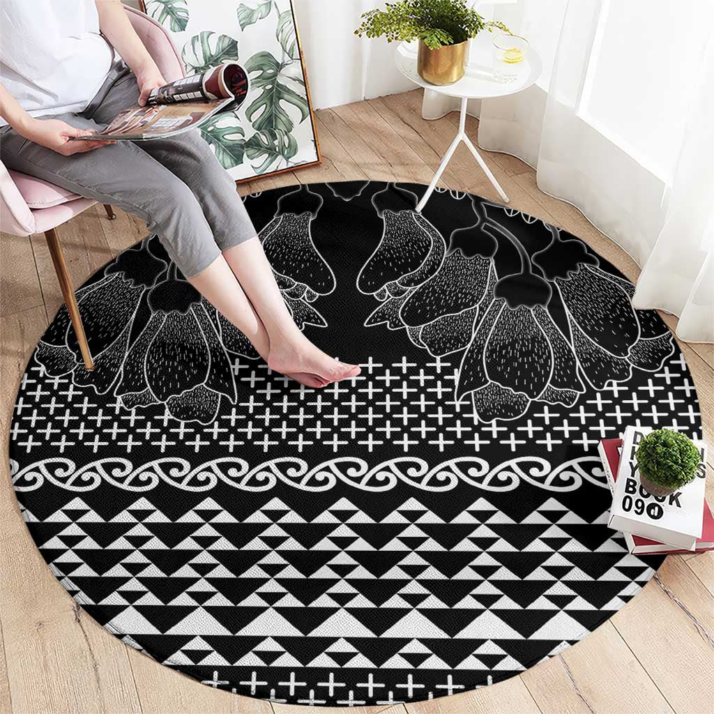 Black Taniko Kowhaiwhai Tukutuku Motif Round Carpet