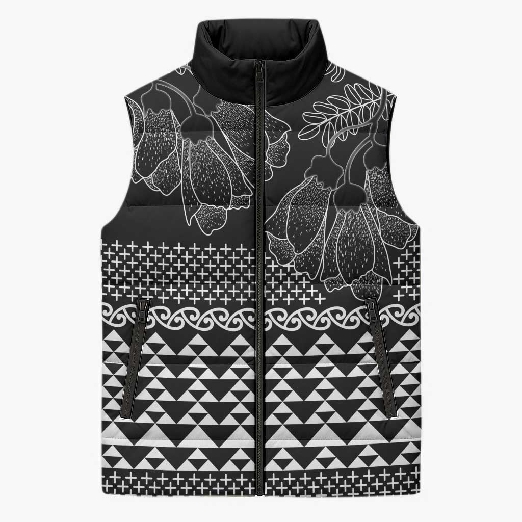 Black Taniko Kowhaiwhai Tukutuku Motif Sleeveless Puffer Jacket - Polynesian Pride