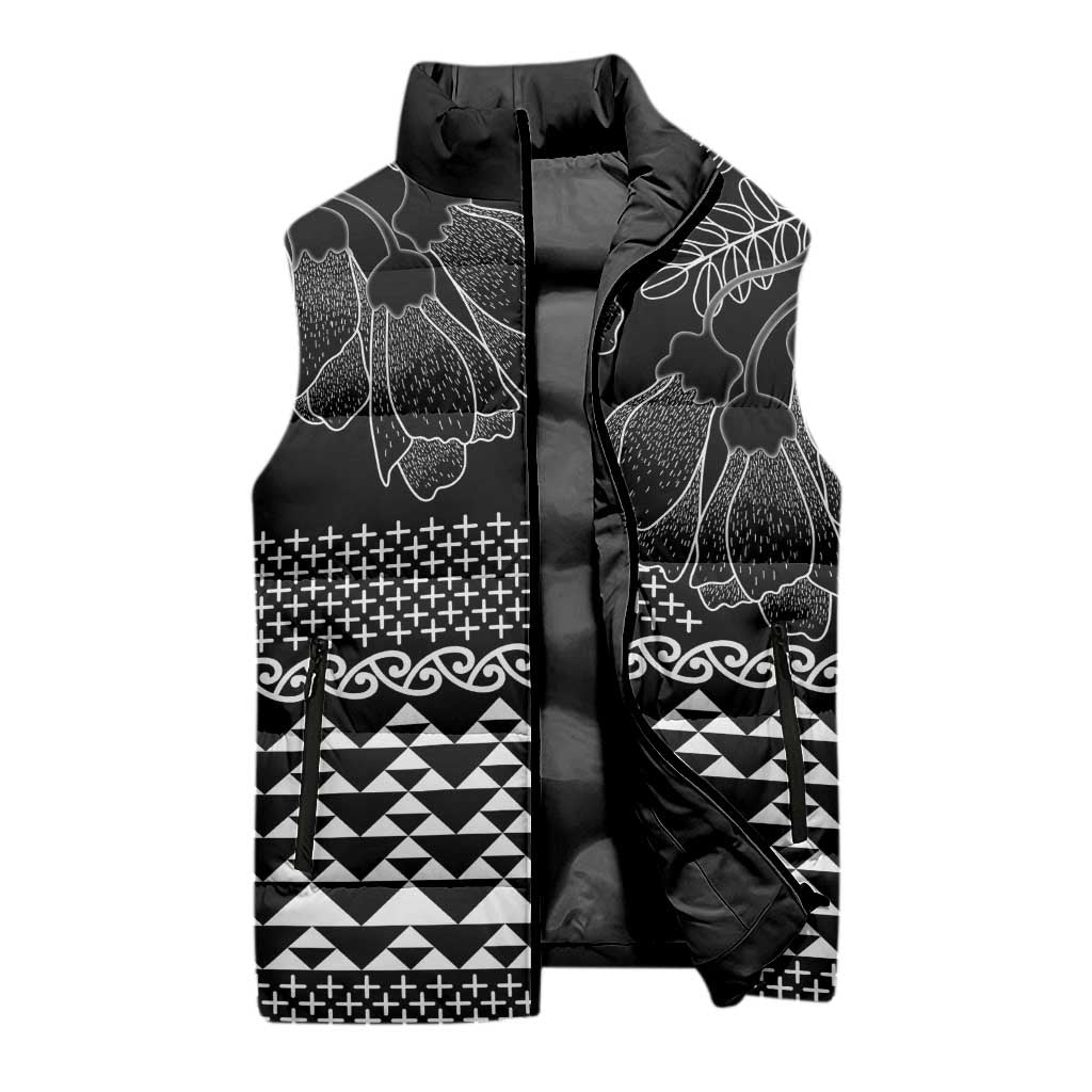 Black Taniko Kowhaiwhai Tukutuku Motif Sleeveless Puffer Jacket - Polynesian Pride
