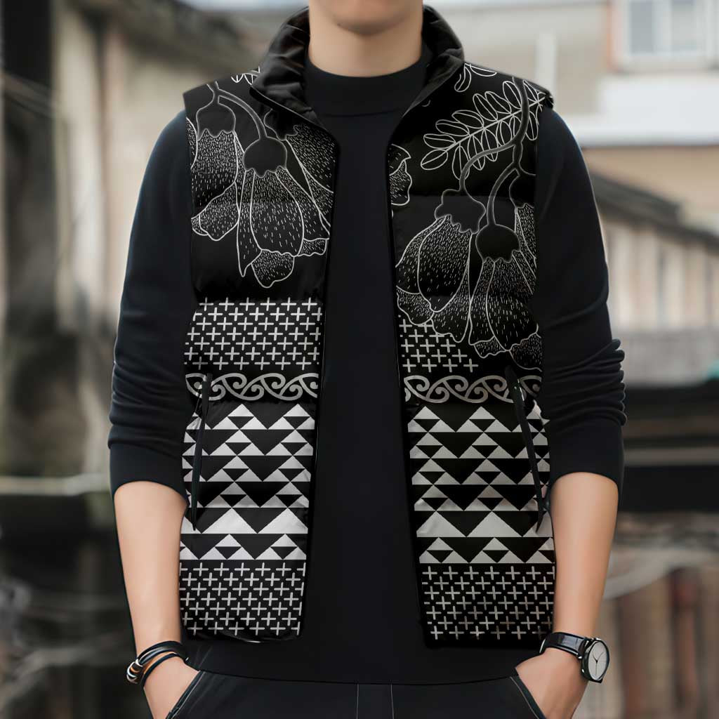 Black Taniko Kowhaiwhai Tukutuku Motif Sleeveless Puffer Jacket - Polynesian Pride