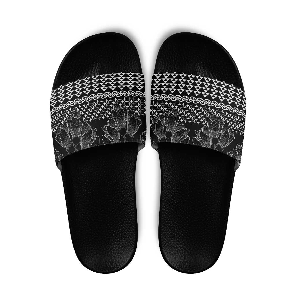 Black Taniko Kowhaiwhai Tukutuku Motif Slide Sandals - Polynesian Pride