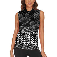 Black Taniko Kowhaiwhai Tukutuku Motif Women Sleeveless Polo Shirt