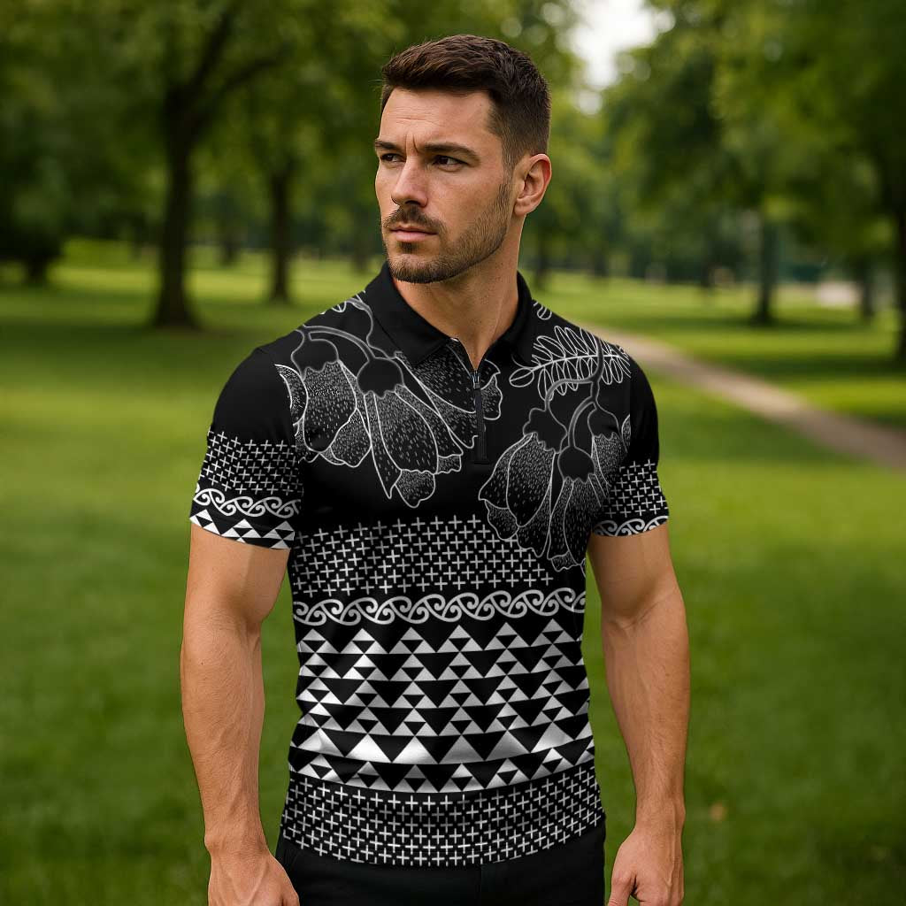 Black Taniko Kowhaiwhai Tukutuku Motif Zipper Polo Shirt - Polynesian Pride