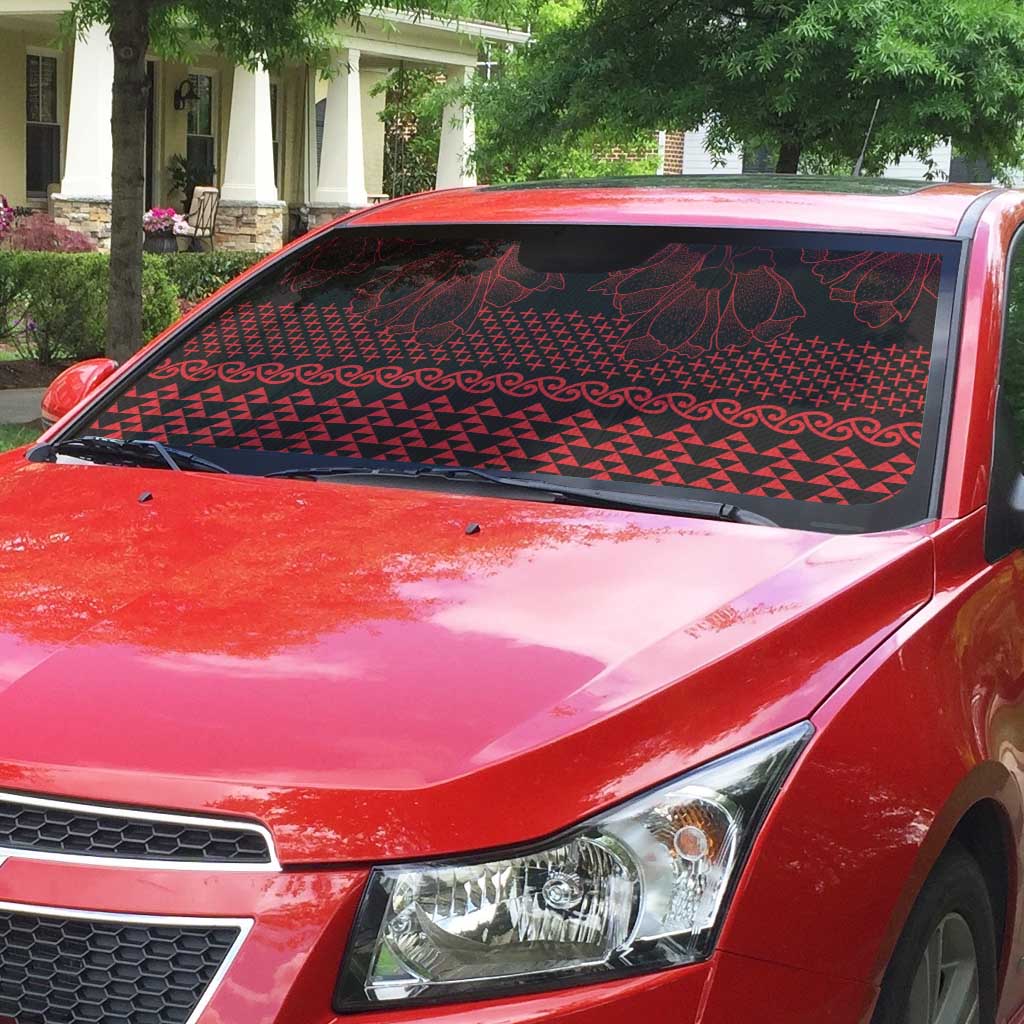 Red Taniko Kowhaiwhai Tukutuku Motif Auto Sun Shade - Polynesian Pride