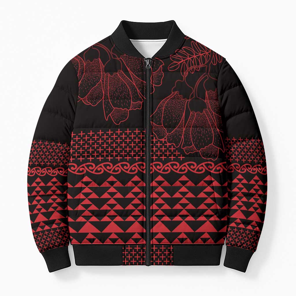 Red Taniko Kowhaiwhai Tukutuku Motif Bomber Puffer Jacket - Polynesian Pride