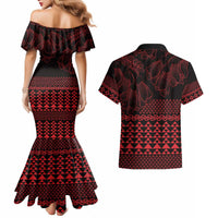 Red Taniko Kowhaiwhai Tukutuku Motif Couples Matching Mermaid Dress and Hawaiian Shirt