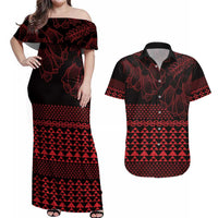 Red Taniko Kowhaiwhai Tukutuku Motif Couples Matching Off Shoulder Maxi Dress and Hawaiian Shirt