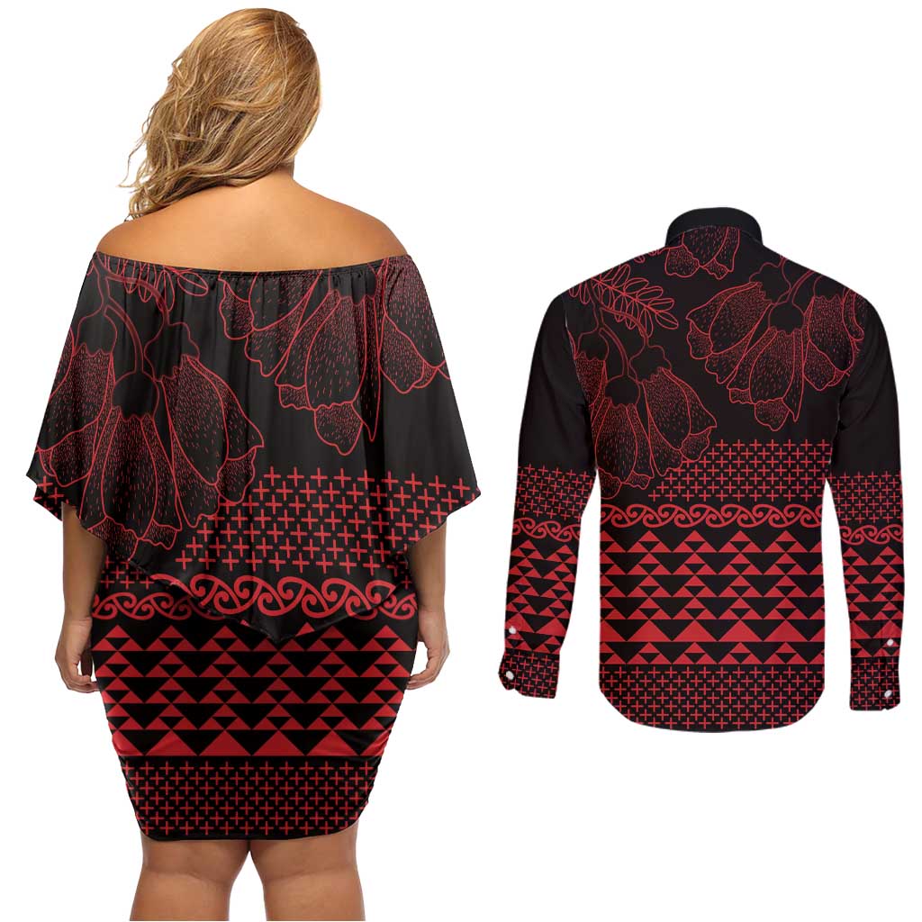 Red Taniko Kowhaiwhai Tukutuku Motif Couples Matching Off Shoulder Short Dress and Long Sleeve Button Shirt