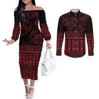 Red Taniko Kowhaiwhai Tukutuku Motif Couples Matching Off The Shoulder Long Sleeve Dress and Long Sleeve Button Shirt LT9 Red - Polynesian Pride