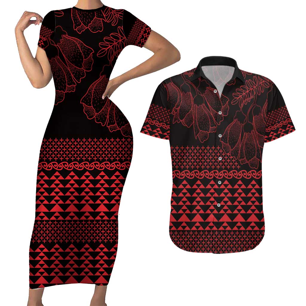 Red Taniko Kowhaiwhai Tukutuku Motif Couples Matching Short Sleeve Bodycon Dress and Hawaiian Shirt