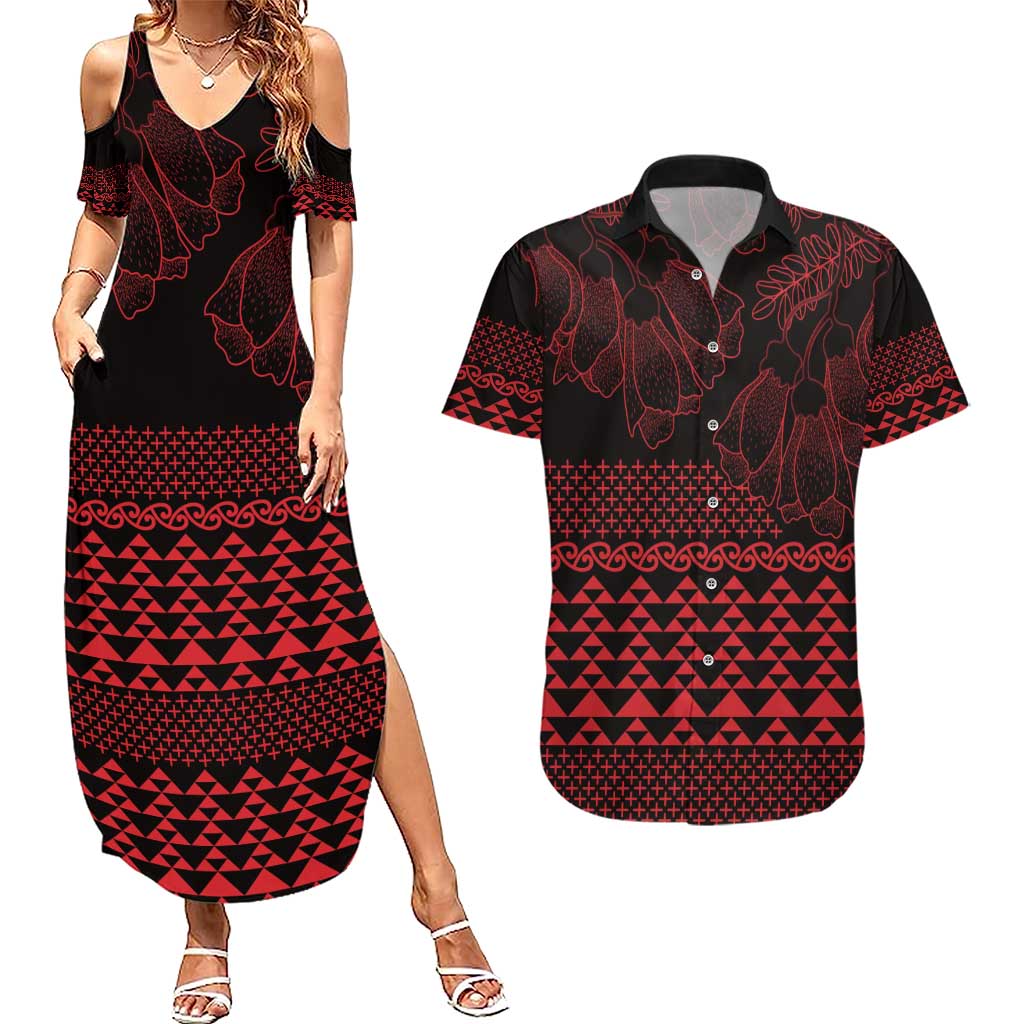 Red Taniko Kowhaiwhai Tukutuku Motif Couples Matching Summer Maxi Dress and Hawaiian Shirt
