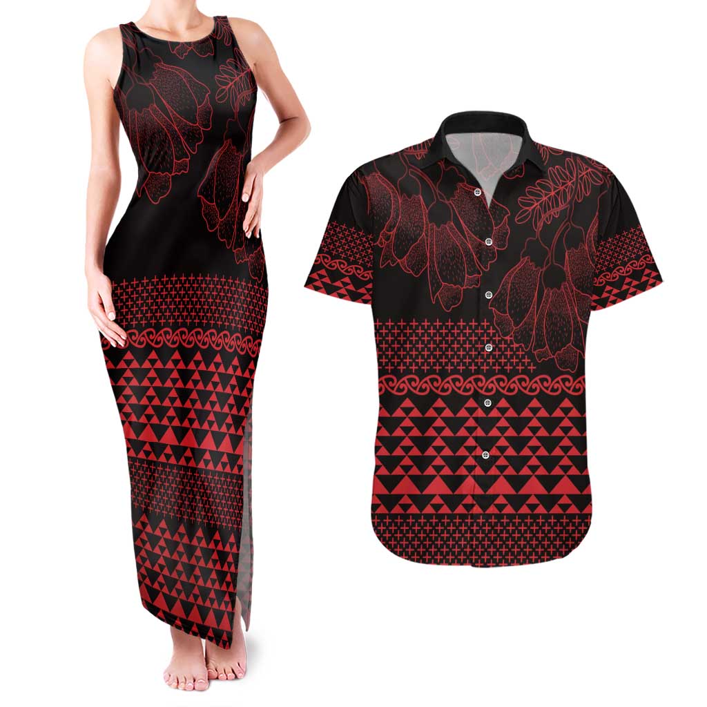 Red Taniko Kowhaiwhai Tukutuku Motif Couples Matching Tank Maxi Dress and Hawaiian Shirt