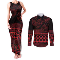 Red Taniko Kowhaiwhai Tukutuku Motif Couples Matching Tank Maxi Dress and Long Sleeve Button Shirt