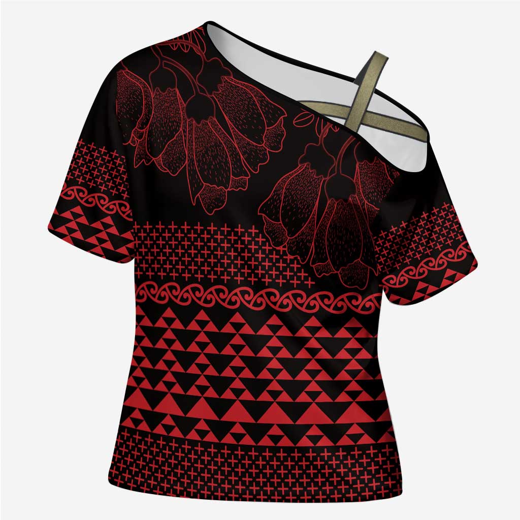Red Taniko Kowhaiwhai Tukutuku Motif Cross Shoulder Shirt - Polynesian Pride