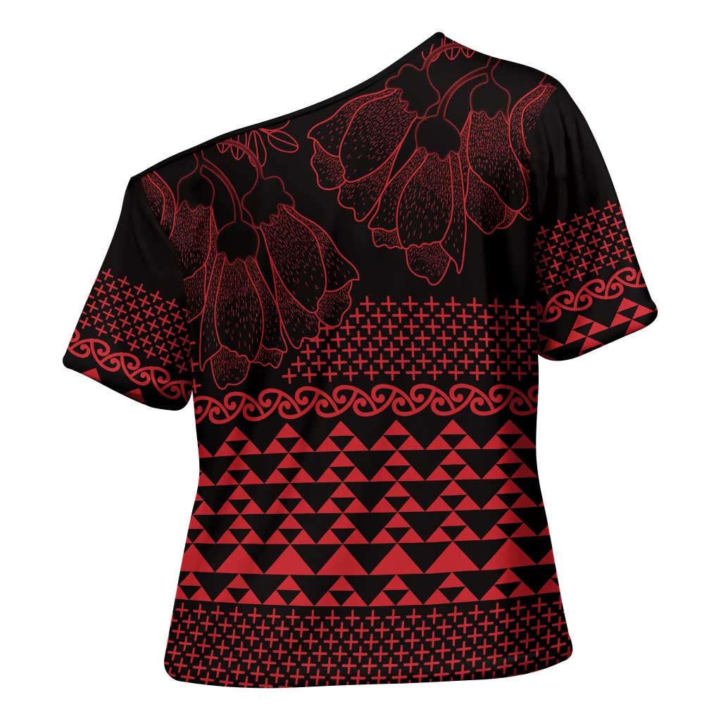Red Taniko Kowhaiwhai Tukutuku Motif Cross Shoulder Shirt - Polynesian Pride