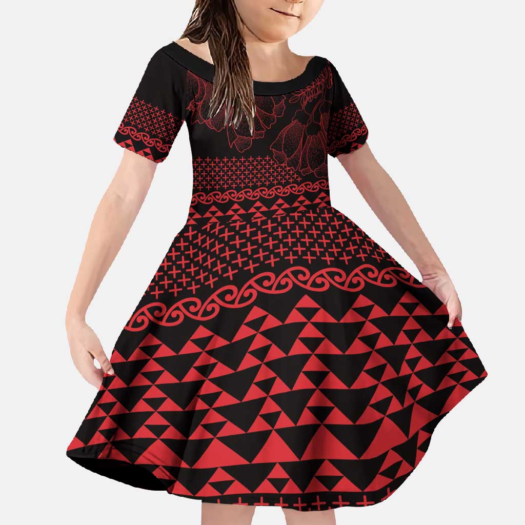 Red Taniko Kowhaiwhai Tukutuku Motif Family Matching Long Sleeve Bodycon Dress and Hawaiian Shirt LT9 Daughter's Dress Red - Polynesian Pride