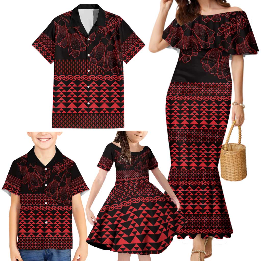 Red Taniko Kowhaiwhai Tukutuku Motif Family Matching Mermaid Dress and Hawaiian Shirt LT9 - Polynesian Pride
