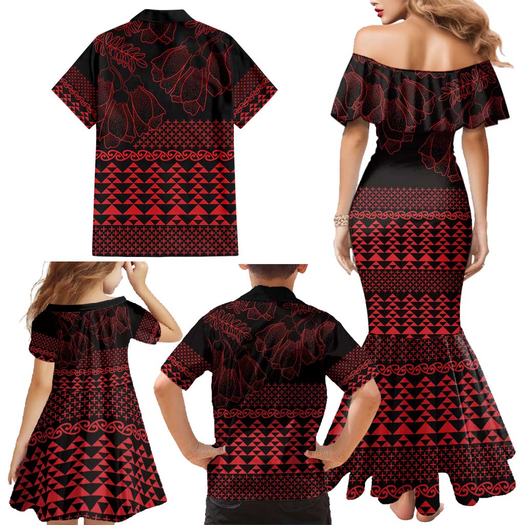 Red Taniko Kowhaiwhai Tukutuku Motif Family Matching Mermaid Dress and Hawaiian Shirt LT9 - Polynesian Pride