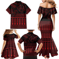 Red Taniko Kowhaiwhai Tukutuku Motif Family Matching Mermaid Dress and Hawaiian Shirt LT9 - Polynesian Pride