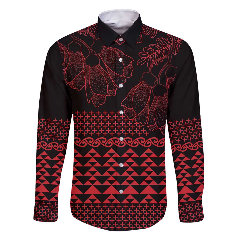 Red Taniko Kowhaiwhai Tukutuku Motif Family Matching Mermaid Dress and Hawaiian Shirt LT9 Dad's Shirt - Long Sleeve Red - Polynesian Pride