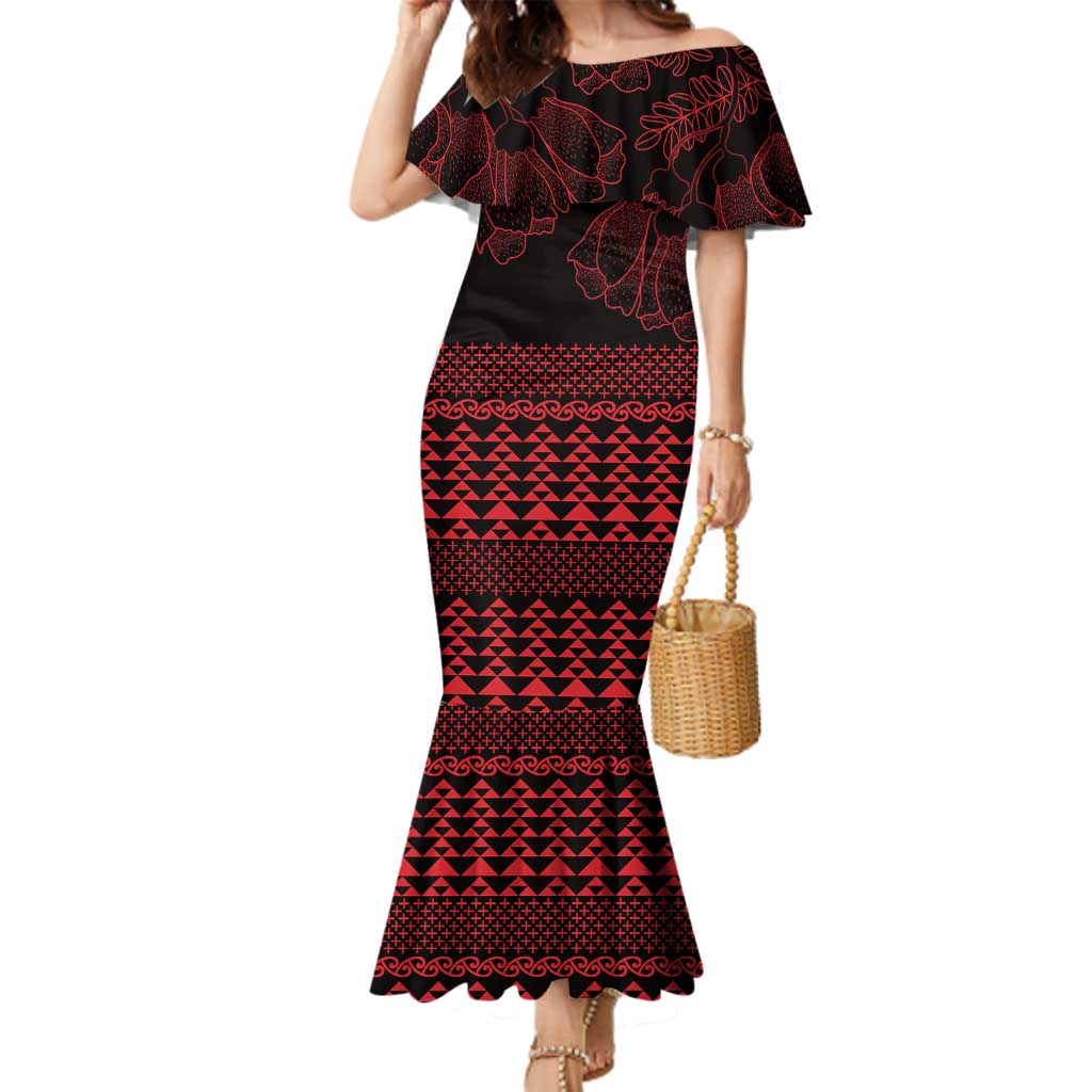Red Taniko Kowhaiwhai Tukutuku Motif Family Matching Mermaid Dress and Hawaiian Shirt LT9 Mom's Dress Red - Polynesian Pride