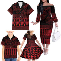 Red Taniko Kowhaiwhai Tukutuku Motif Family Matching Off The Shoulder Long Sleeve Dress and Hawaiian Shirt LT9 - Polynesian Pride
