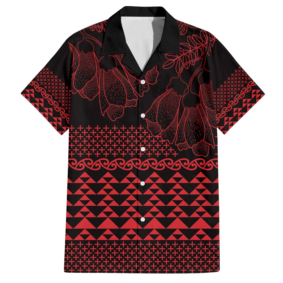Red Taniko Kowhaiwhai Tukutuku Motif Family Matching Off The Shoulder Long Sleeve Dress and Hawaiian Shirt LT9 Dad's Shirt - Short Sleeve Red - Polynesian Pride