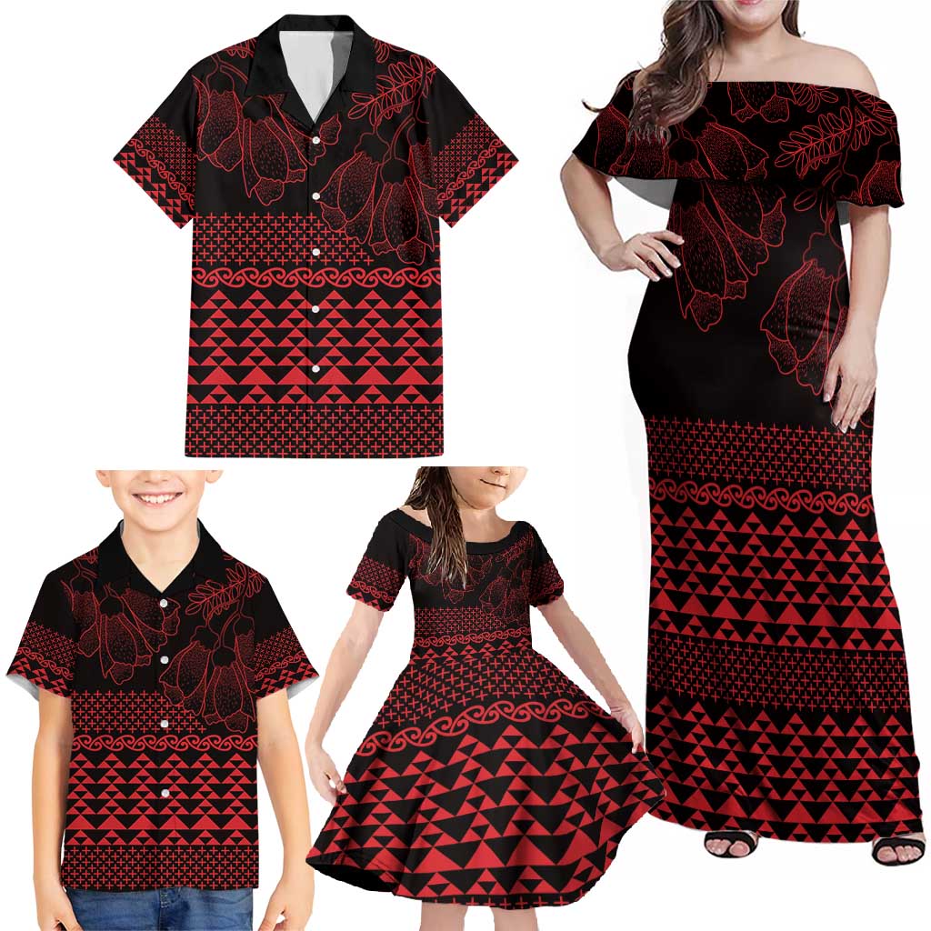 Red Taniko Kowhaiwhai Tukutuku Motif Family Matching Off Shoulder Maxi Dress and Hawaiian Shirt