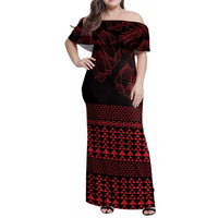 Red Taniko Kowhaiwhai Tukutuku Motif Family Matching Off Shoulder Maxi Dress and Hawaiian Shirt