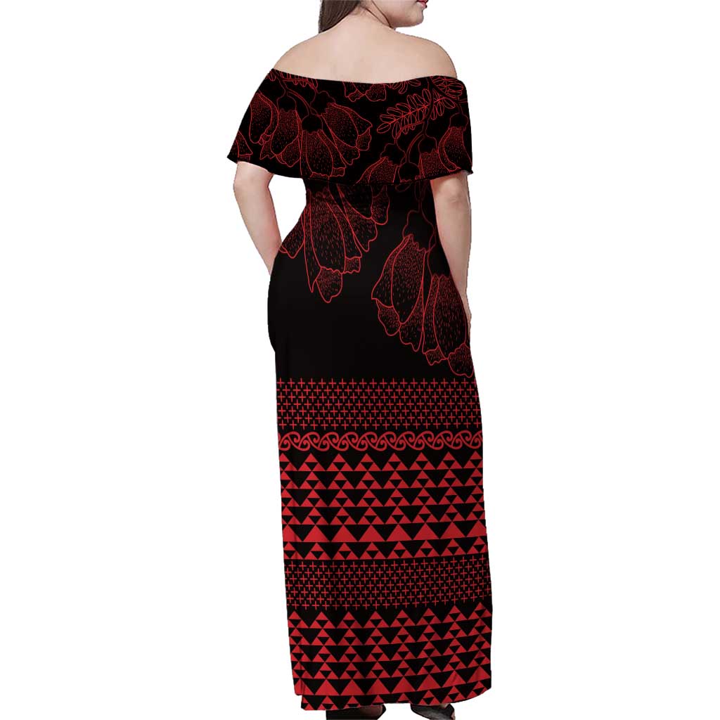 Red Taniko Kowhaiwhai Tukutuku Motif Family Matching Off Shoulder Maxi Dress and Hawaiian Shirt