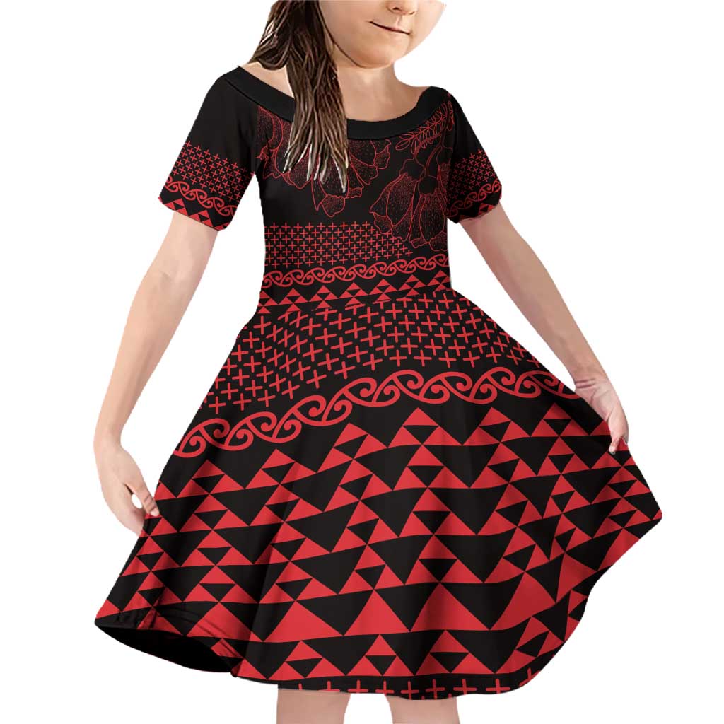 Red Taniko Kowhaiwhai Tukutuku Motif Family Matching Off Shoulder Short Dress and Hawaiian Shirt LT9 Daughter's Dress Red - Polynesian Pride