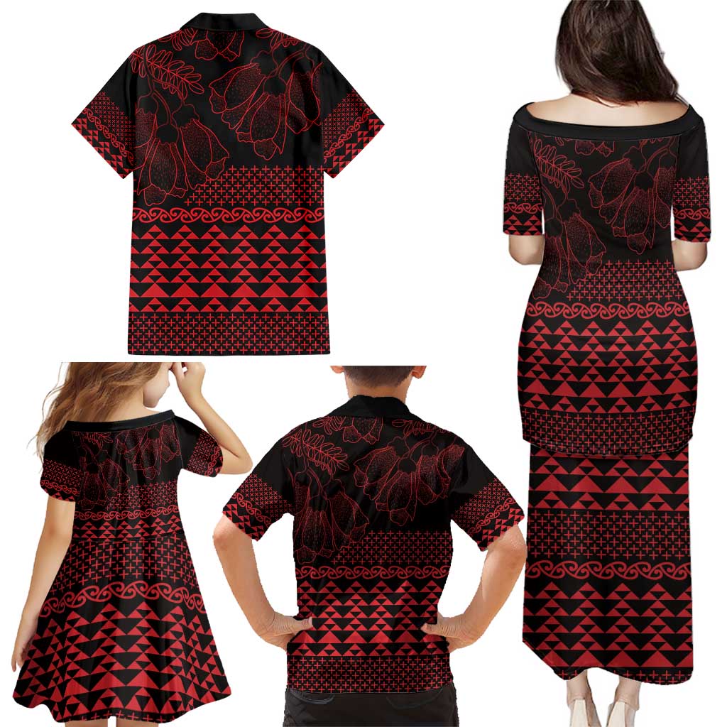 Red Taniko Kowhaiwhai Tukutuku Motif Family Matching Puletasi and Hawaiian Shirt LT9 - Polynesian Pride